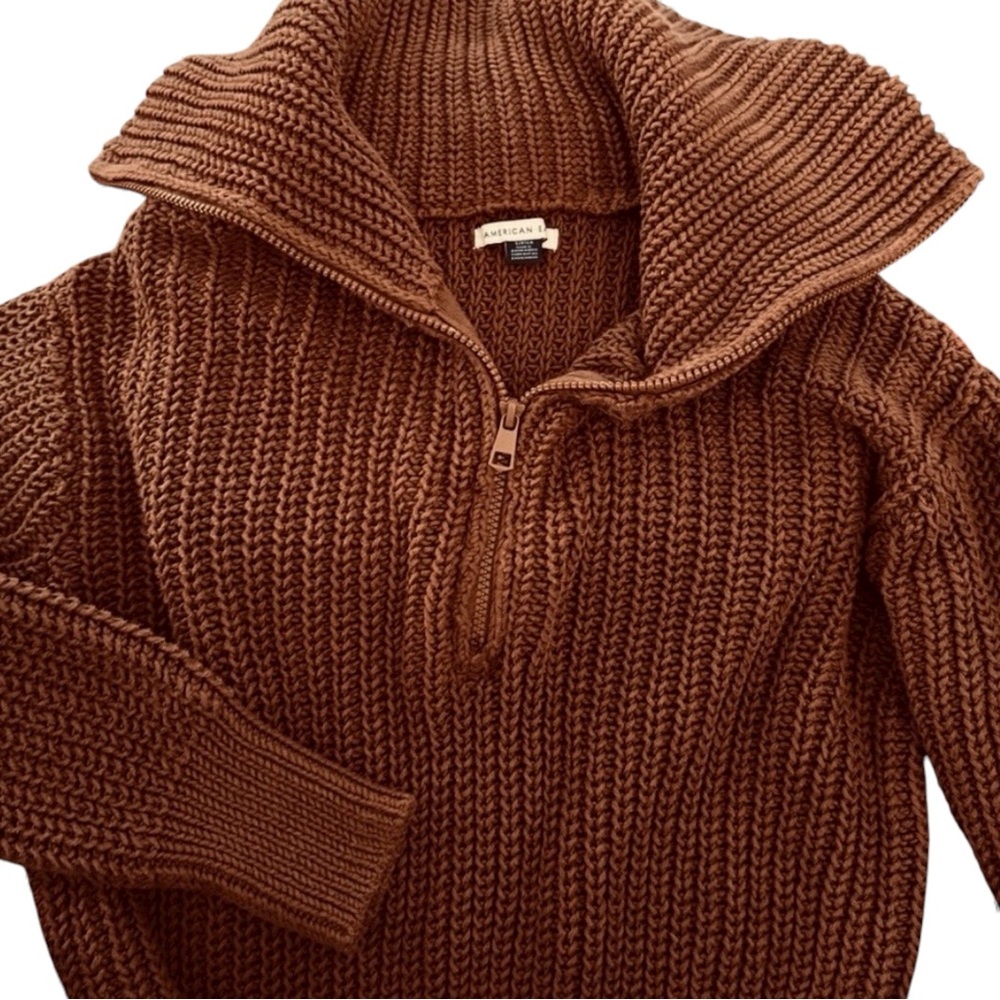 American Eagle Warm Brown Chunky Ribbed Half Zip Collared Sweater Women’s Small